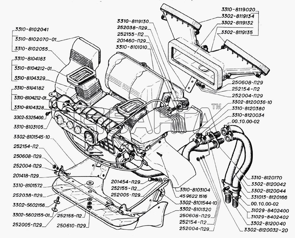 ГАЗ ГАЗ-2705 (дв. УМЗ-4215) Схема Установка отопителя (для автомобилей